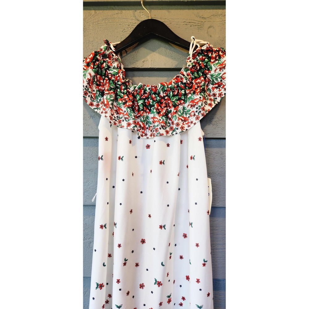 Vintage HayPence Dress Womens 16 White Floral Off Shoulder Ruffle Sundress 70s
